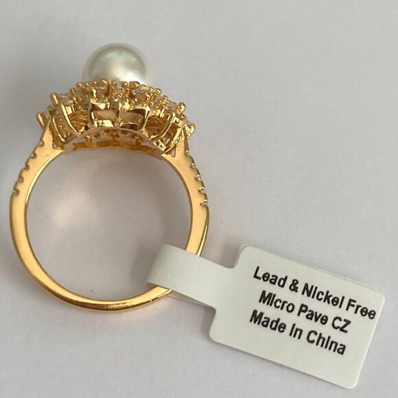 Art Deco Cubic Zirconia White Pearl Cocktail Ring Yellow Gold Plated Size 7 8 9 - Picture 12 of 16